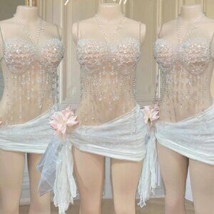 Rave Outfit Crystal Beaded Bra Two Piece Set Matching Skirt Festival Wear